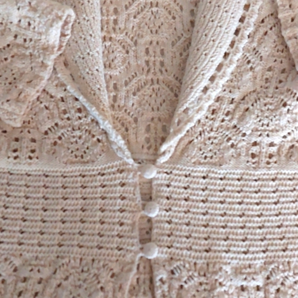 3/4 Sleeve Lace Cardigan, Sz M, Ecru, Cinched Waist Button Detail